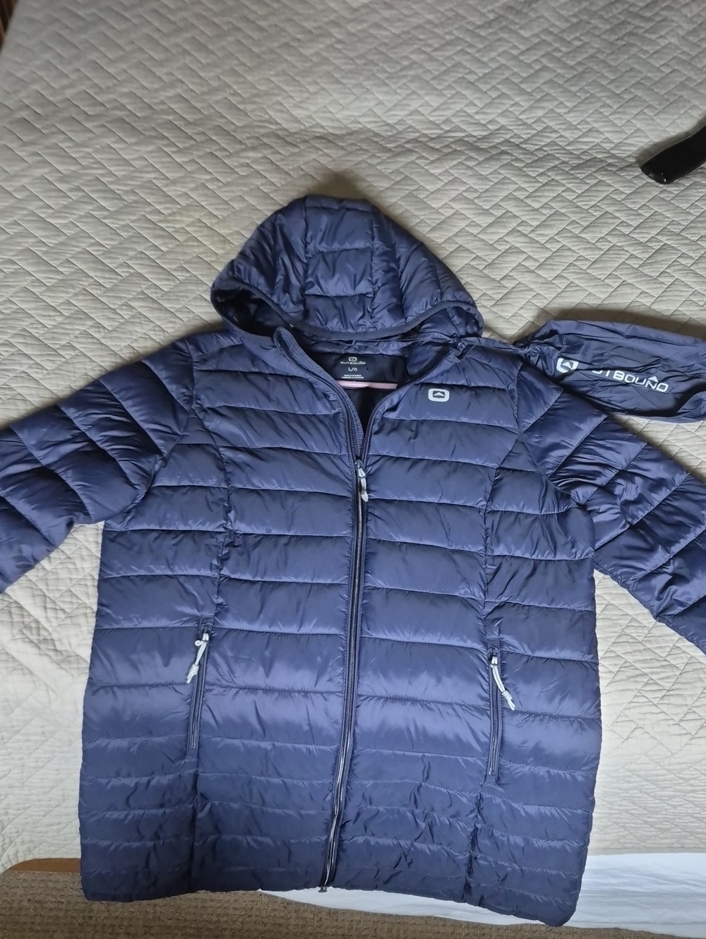 Ladies Navy Packable Puffer Jacket with Hood